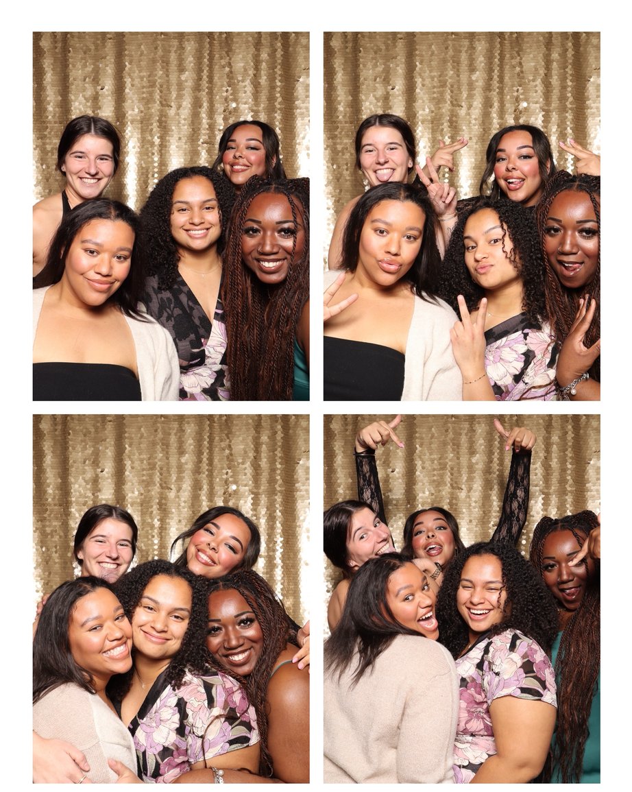 Four friends in a photo booth strip at a gold sequin backdrop.